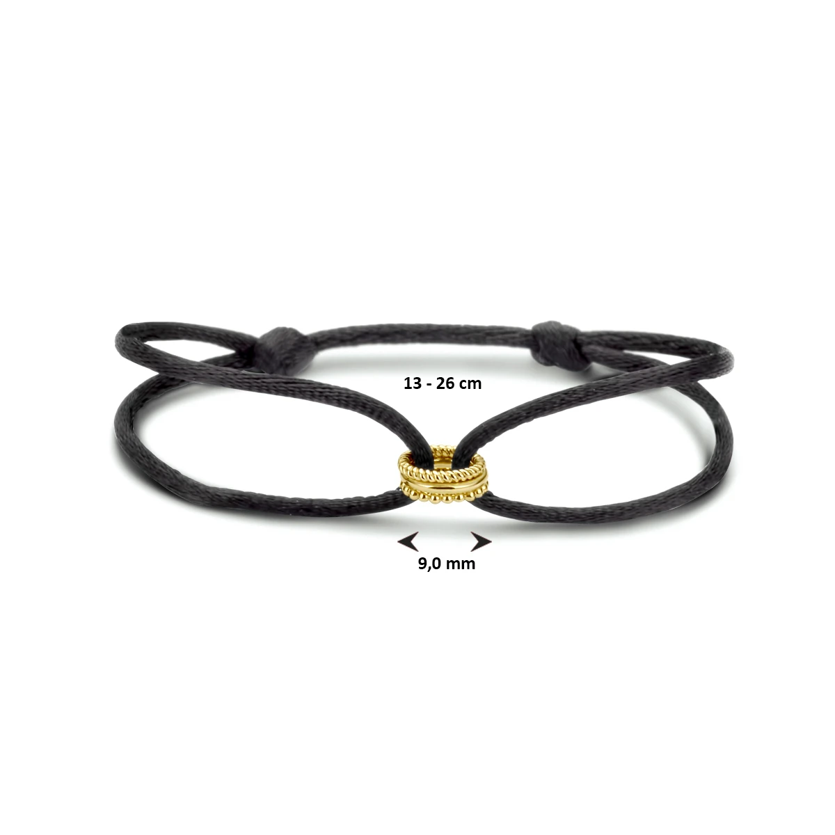 armband satijn zwart 13 - 26 cm 14K goud met rubber/nylon/leer