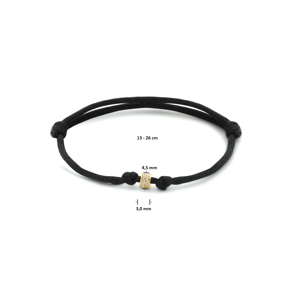 armband zwart satijn 13 - 26 cm 14K goud met rubber/nylon/leer