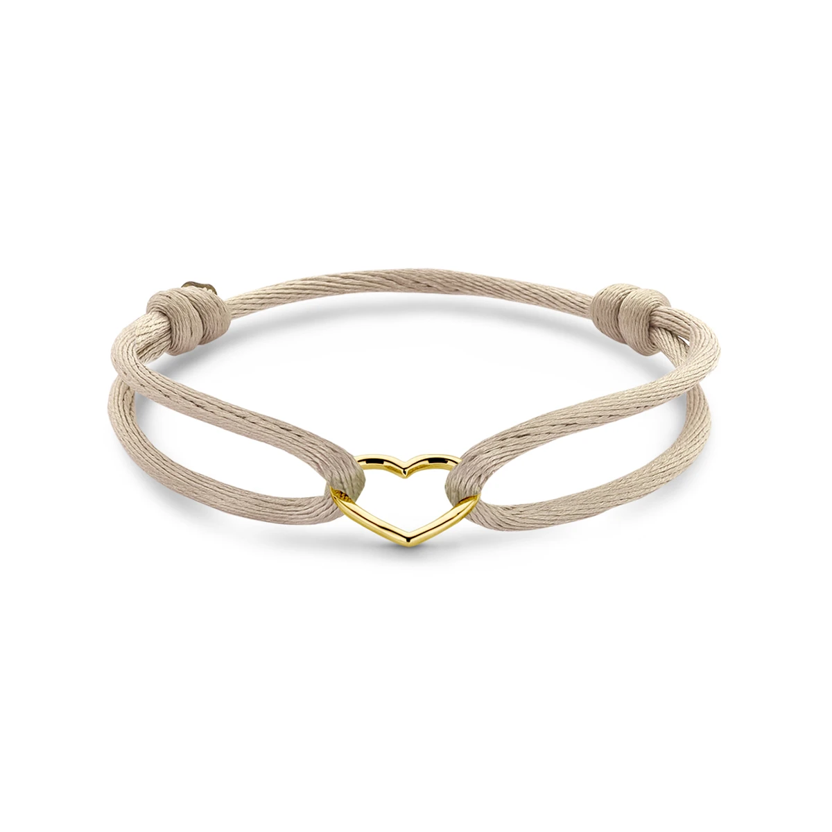 armband satijn beige hart 13 - 26 cm 14K goud met rubber/nylon/leer