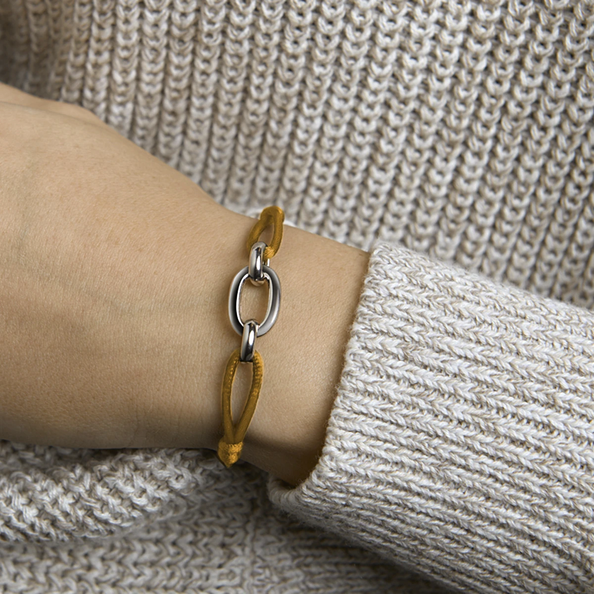 armband satijn caramel 13 - 26 cm zilver gerhodineerd met rubber/nylon/leer