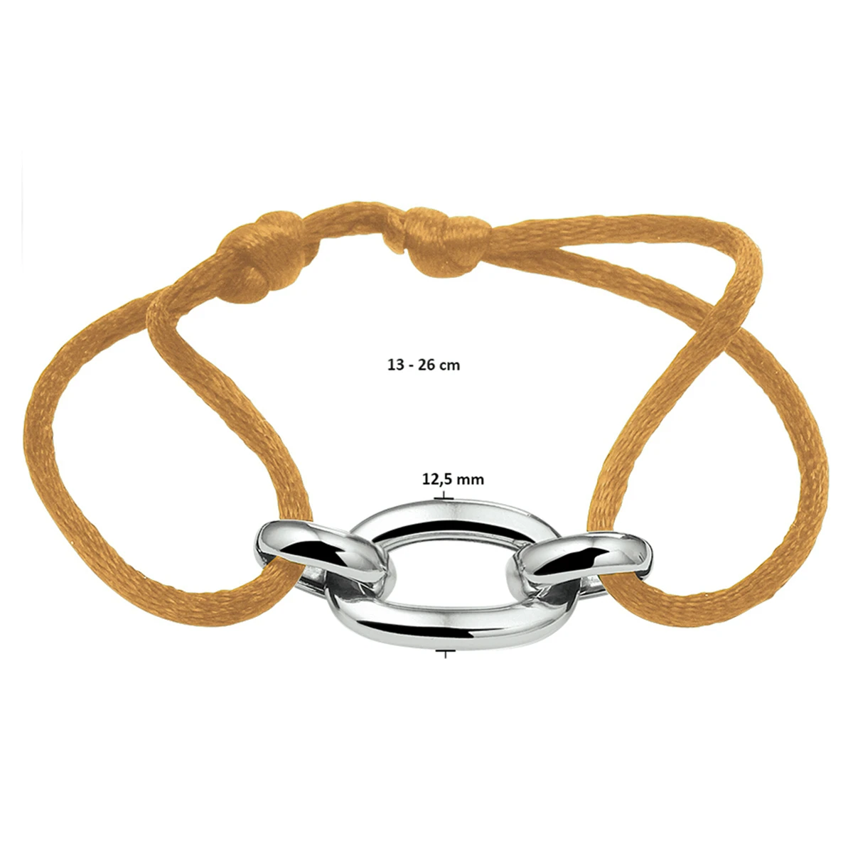 armband satijn caramel 13 - 26 cm zilver gerhodineerd met rubber/nylon/leer