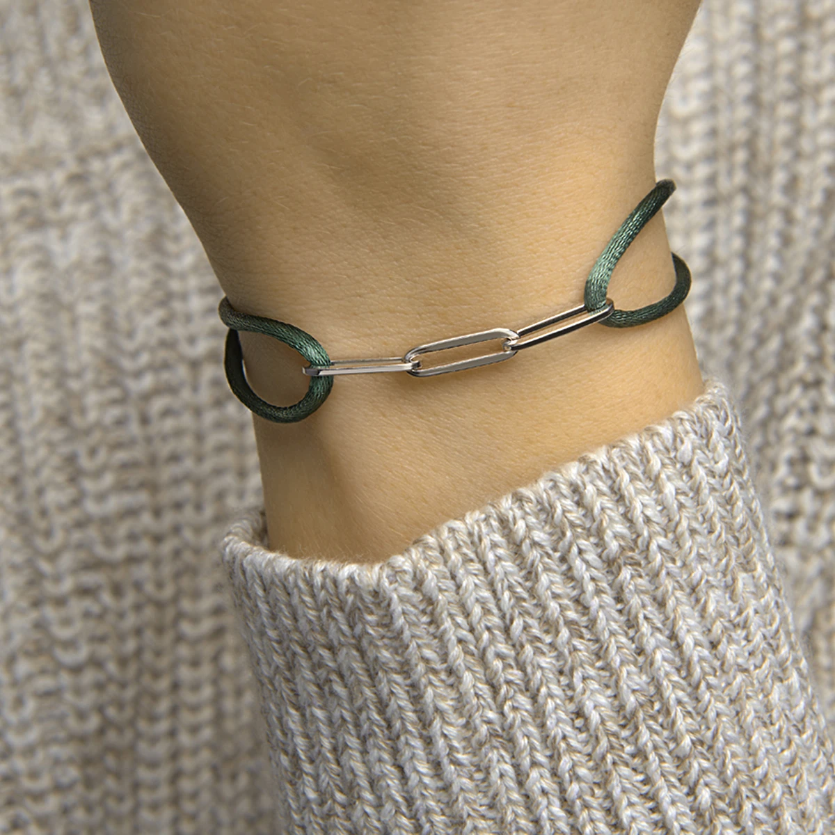 armband satijn groen 13 - 26 cm zilver gerhodineerd met rubber/nylon/leer