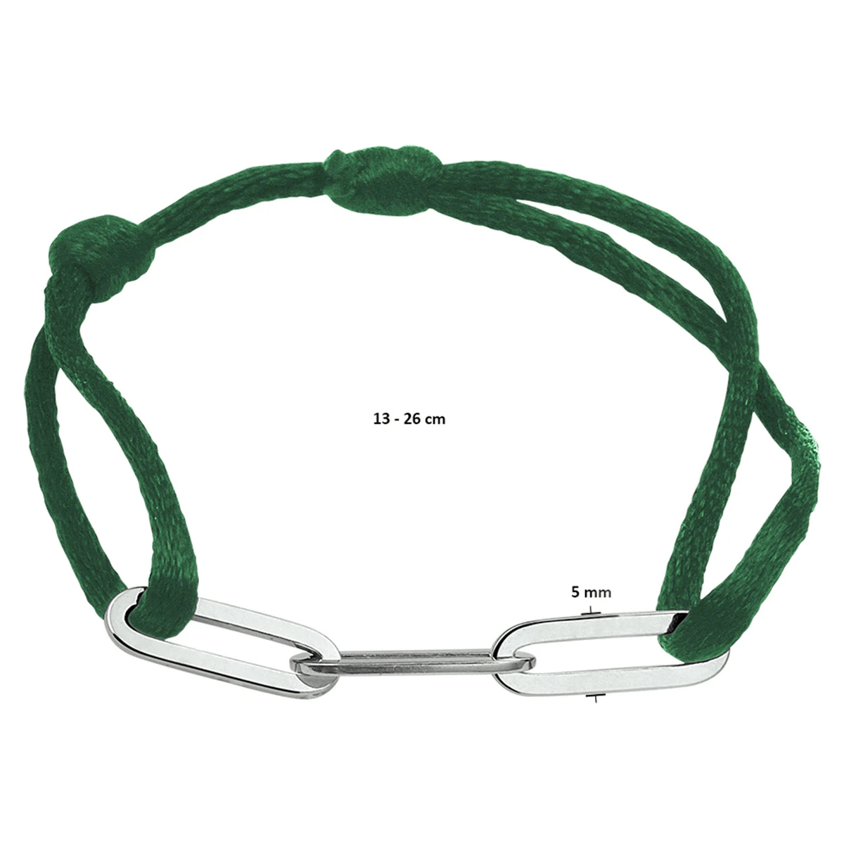 armband satijn groen 13 - 26 cm zilver gerhodineerd met rubber/nylon/leer