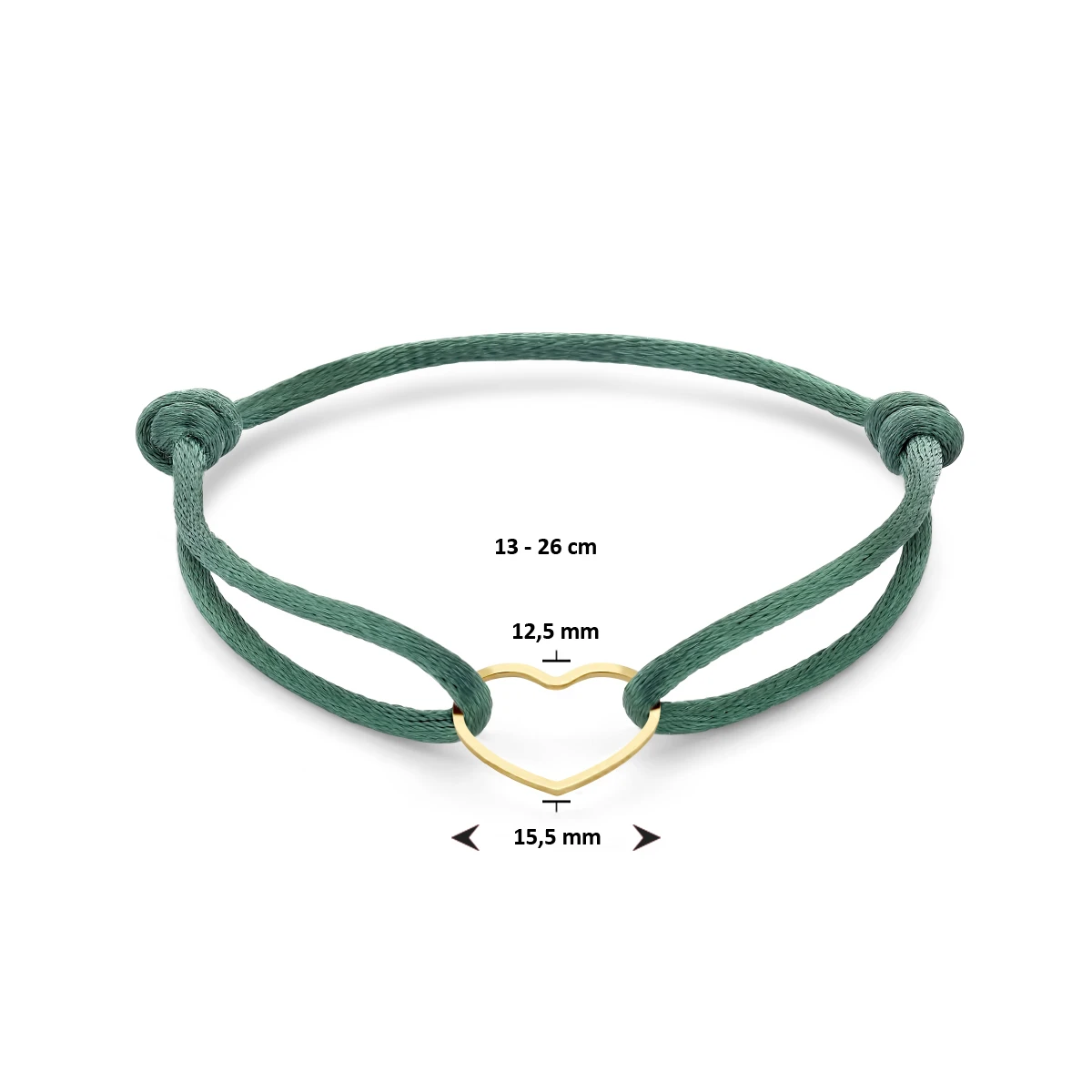 armband satijn groen hart 13 - 26 cm zilver verguld (met rubber/nylon/leer)