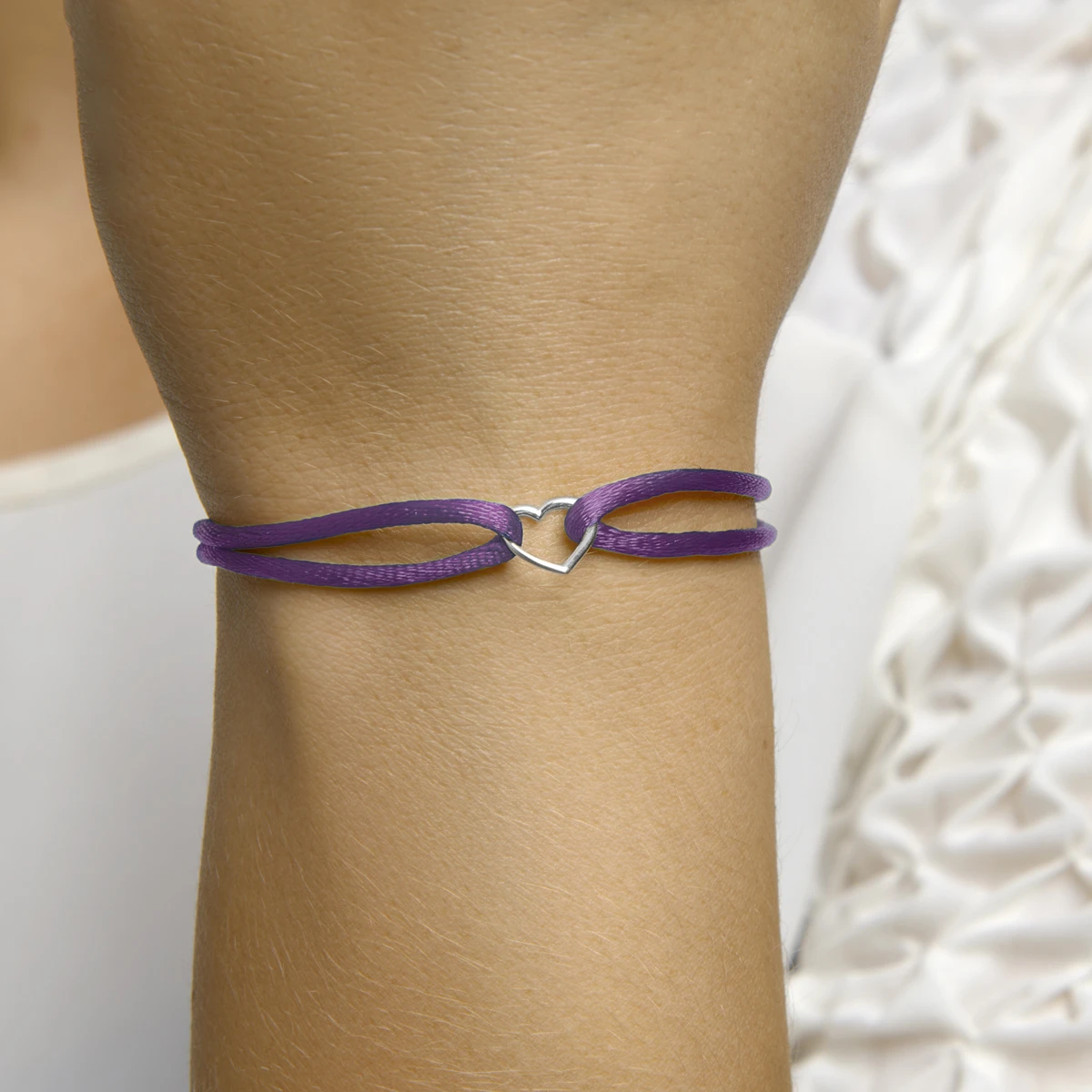 armband satijn hart 13 - 26 cm zilver gerhodineerd met rubber/nylon/leer