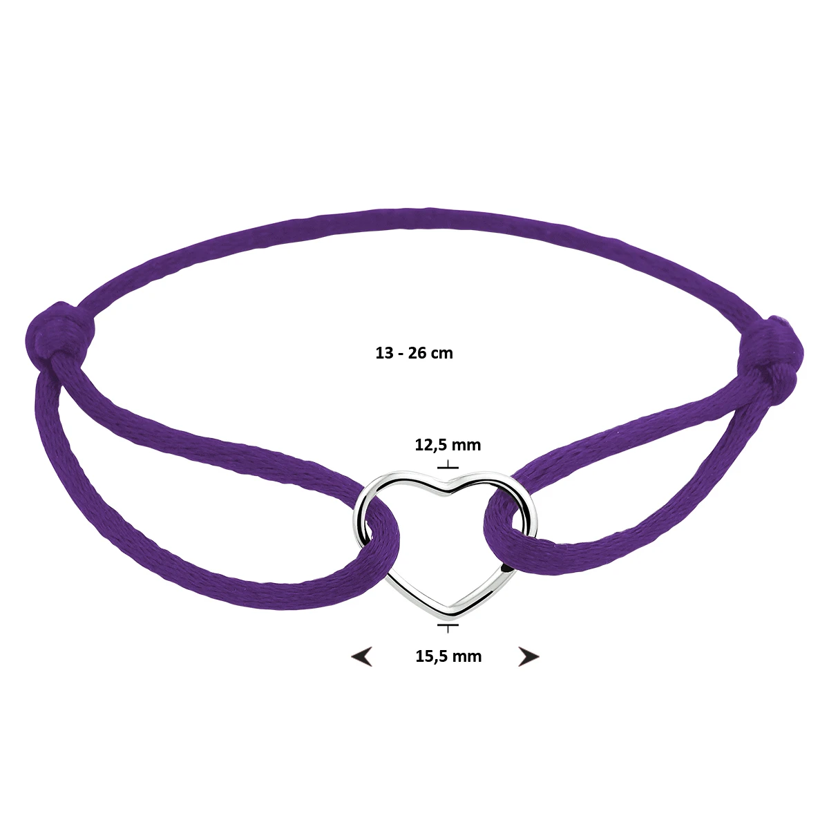 armband satijn hart 13 - 26 cm zilver gerhodineerd met rubber/nylon/leer