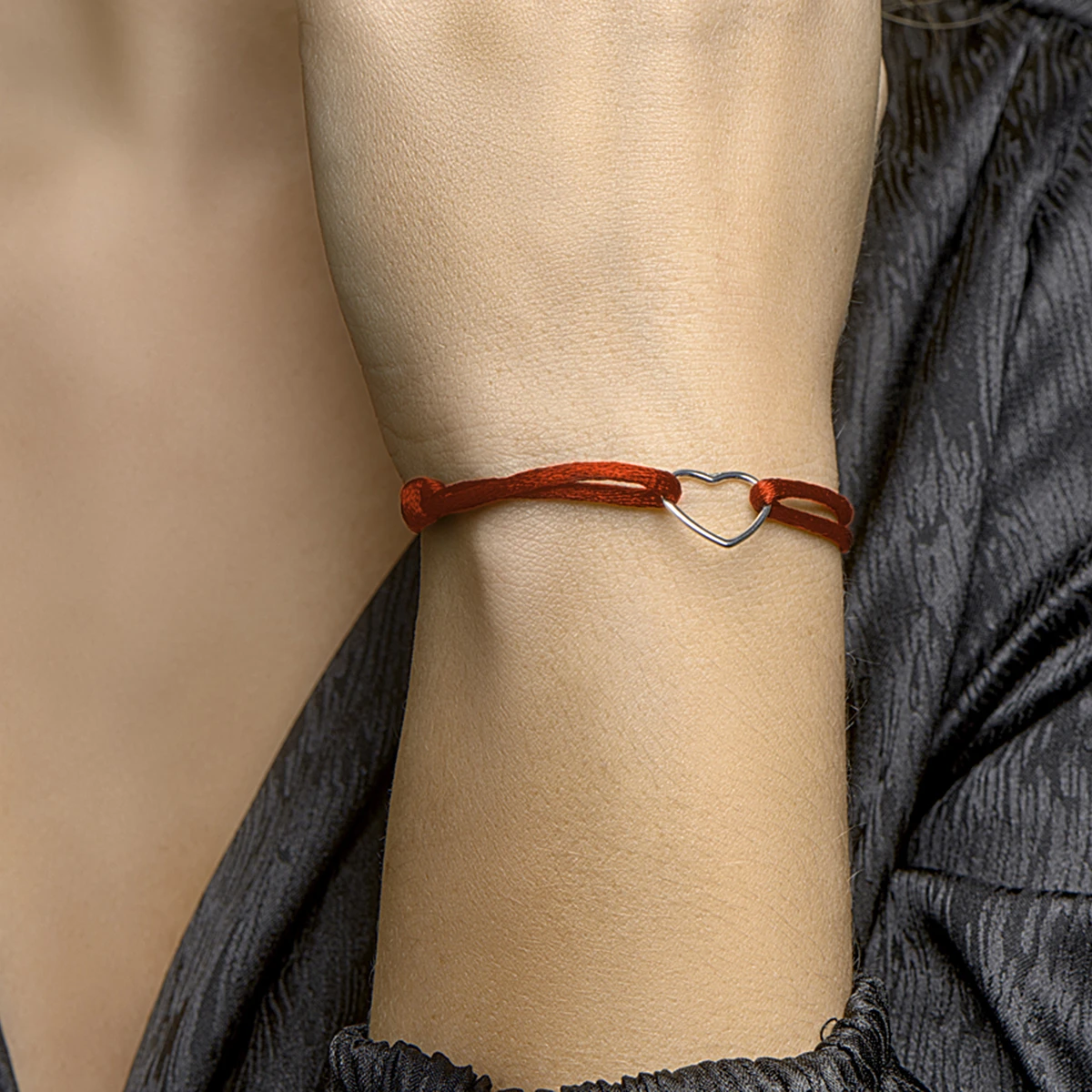 armband satijn hart 13 - 26 cm zilver gerhodineerd met rubber/nylon/leer