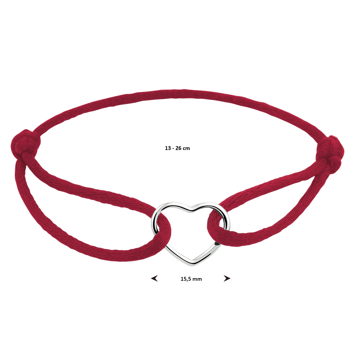 armband satijn hart 13 - 26 cm zilver gerhodineerd met rubber/nylon/leer