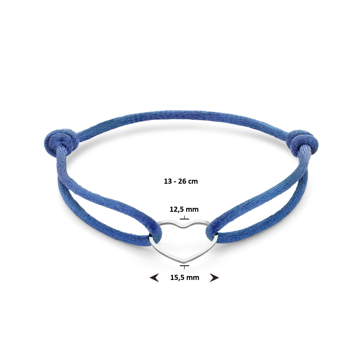 armband satijn hart 13 - 26 cm zilver gerhodineerd met rubber/nylon/leer