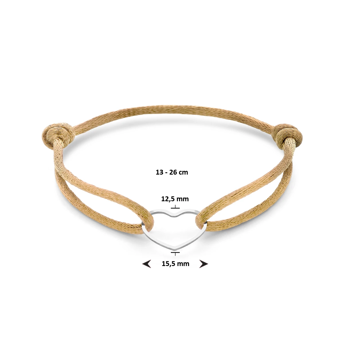 armband satijn hart 13 - 26 cm zilver gerhodineerd met rubber/nylon/leer