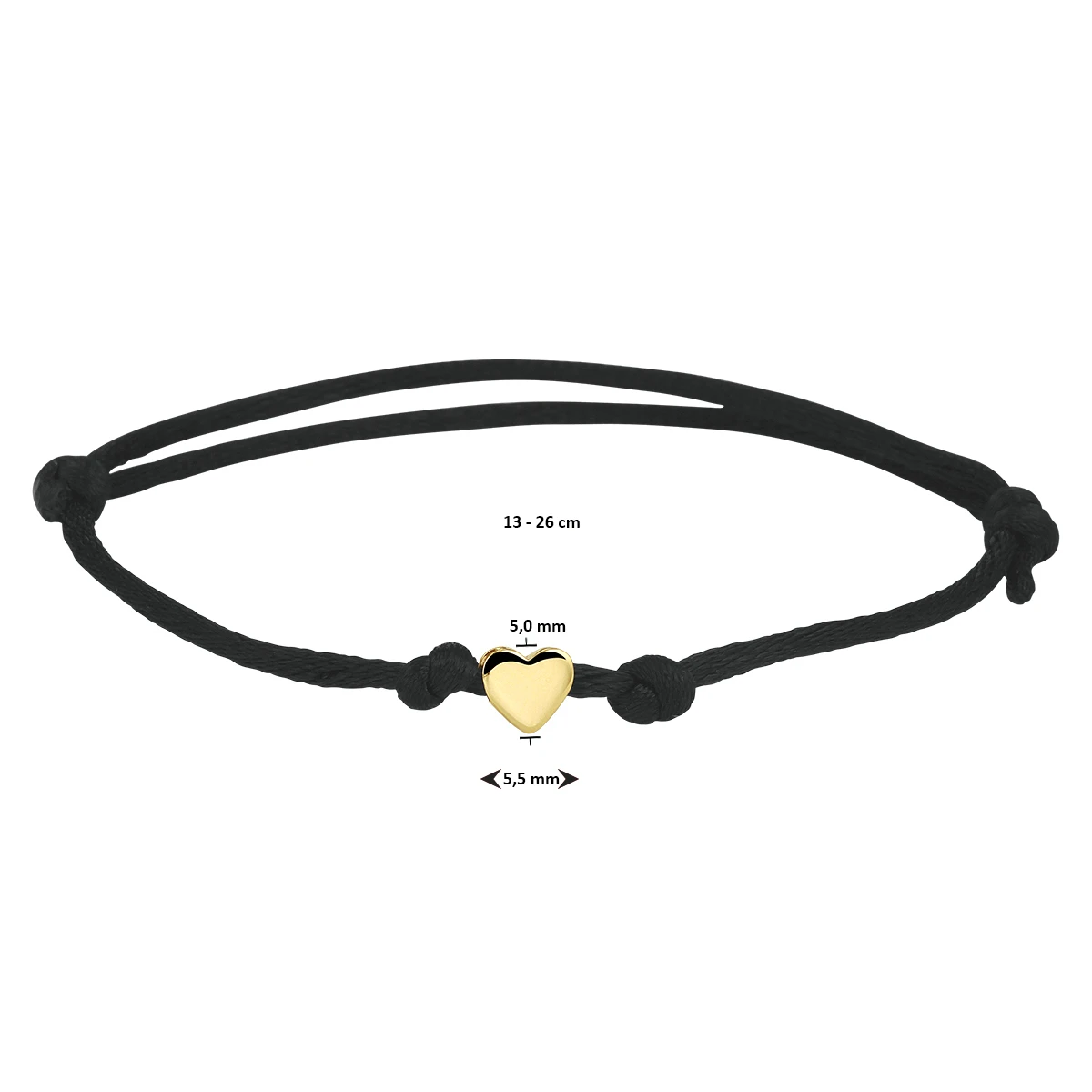 armband satijn zwart hart 13 - 26 cm 14K goud met rubber/nylon/leer