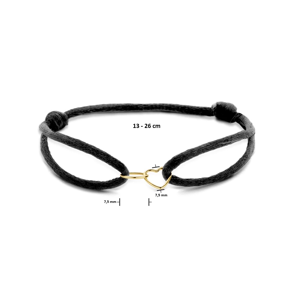 armband satijn hart en rondje 14K goud met rubber/nylon/leer