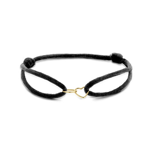 armband satijn zwart hart en rondje 13 - 26 cm 14K goud met rubber/nylon/leer