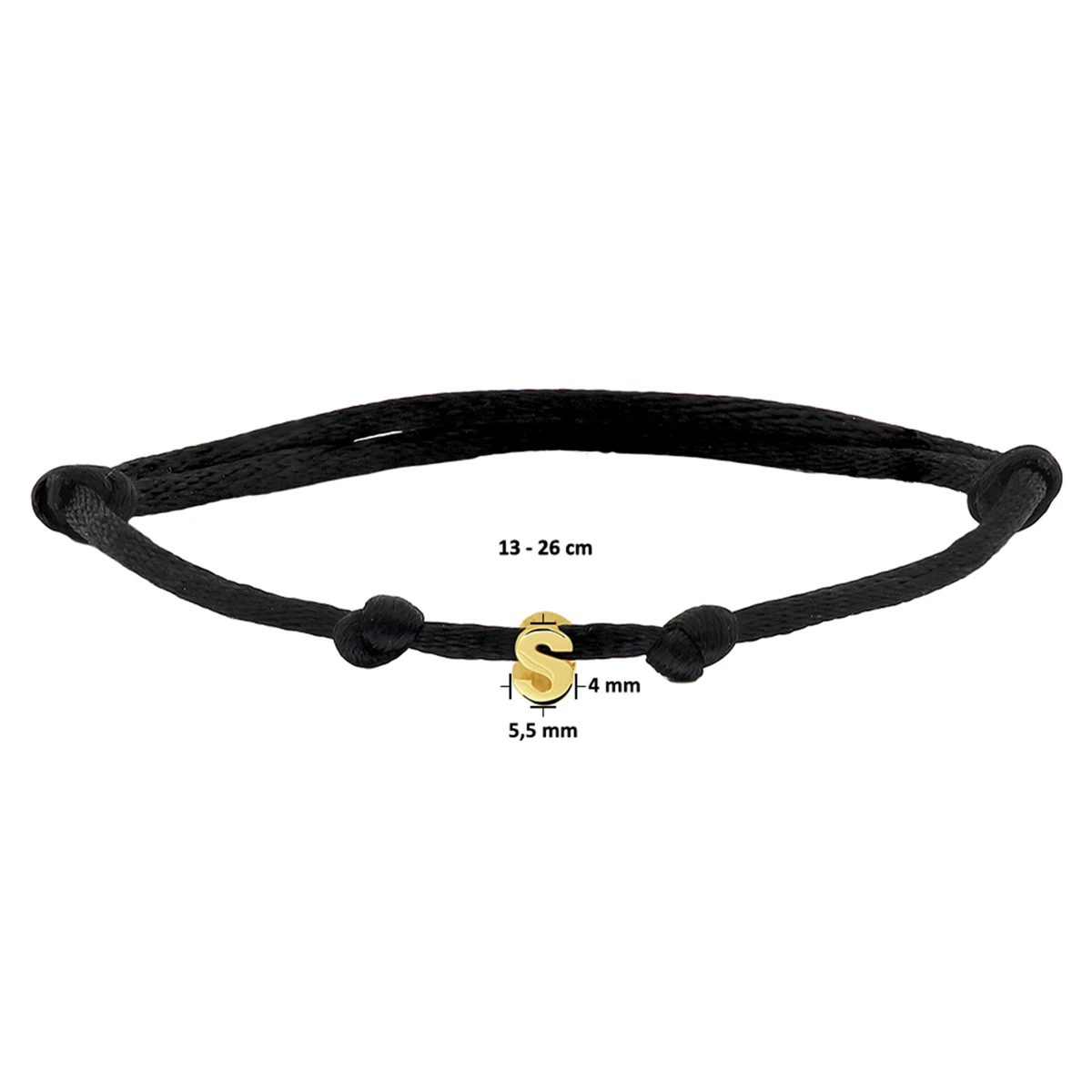 armband satijn zwart letter 13 - 26 cm 14K goud met rubber/nylon/leer
