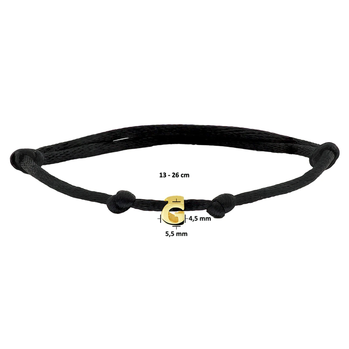armband satijn zwart letter 13 - 26 cm 14K goud met rubber/nylon/leer