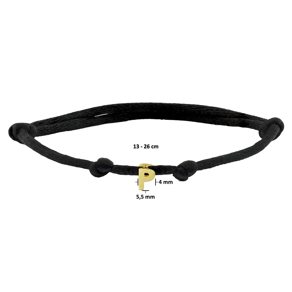 armband satijn zwart letter 13 - 26 cm 14K goud met rubber/nylon/leer
