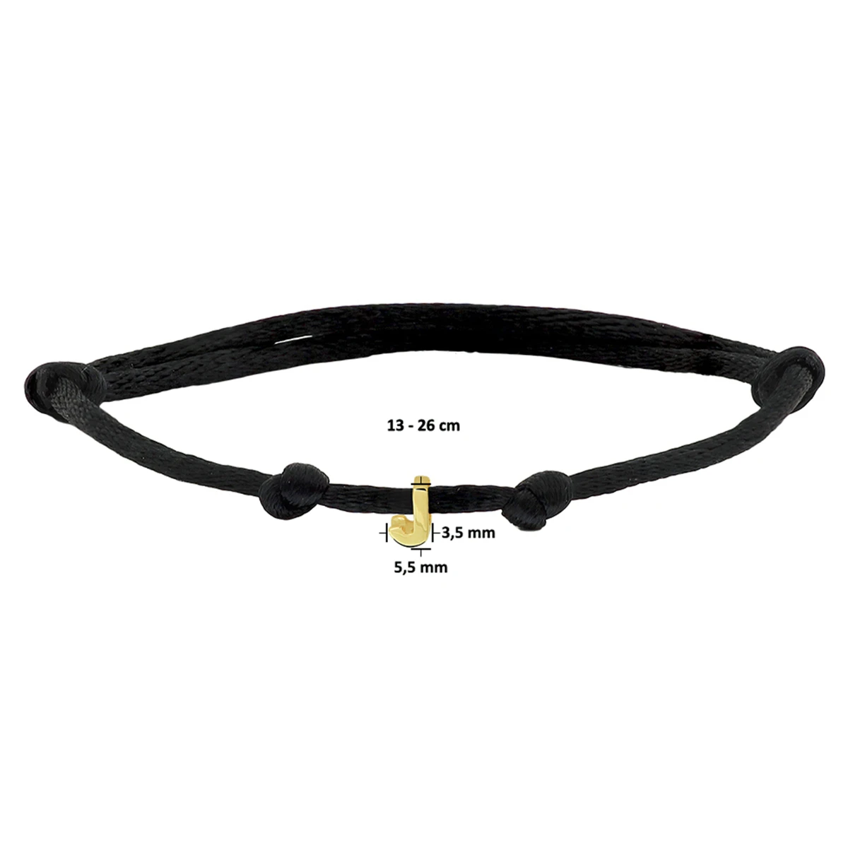 armband satijn zwart letter 13 - 26 cm 14K goud met rubber/nylon/leer