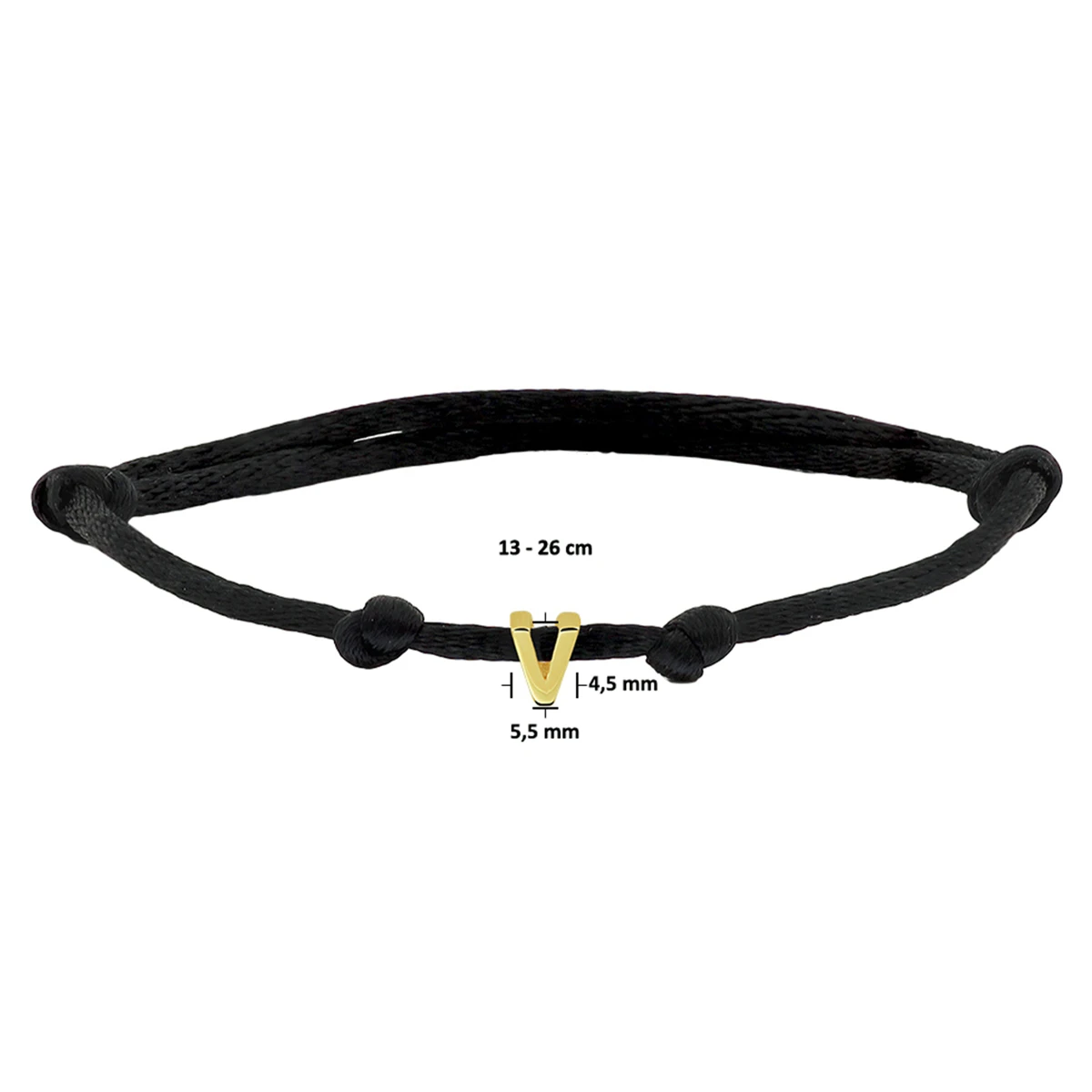 armband satijn zwart letter 13 - 26 cm 14K goud met rubber/nylon/leer