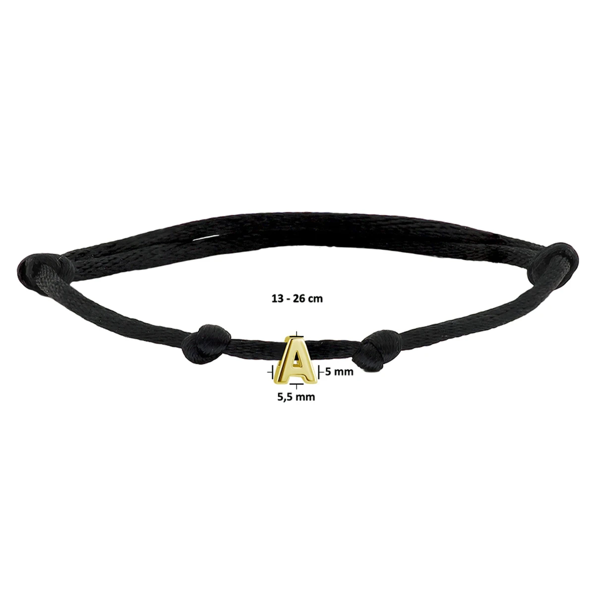 armband satijn zwart letter 13 - 26 cm 14K goud met rubber/nylon/leer