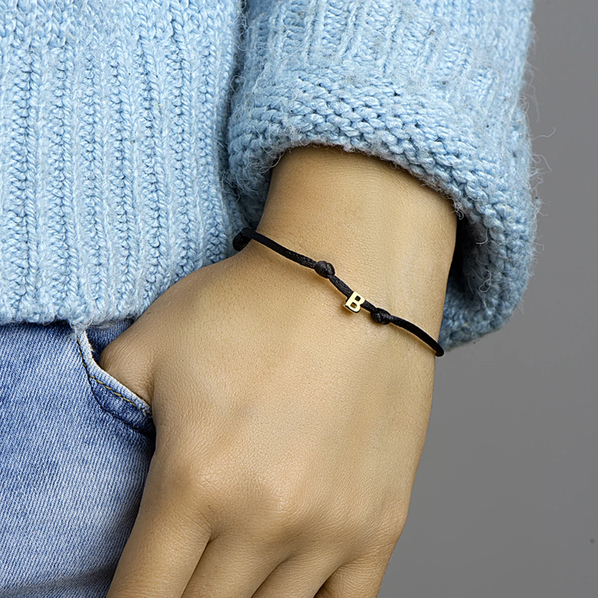 armband satijn zwart letter 13 - 26 cm 14K goud met rubber/nylon/leer