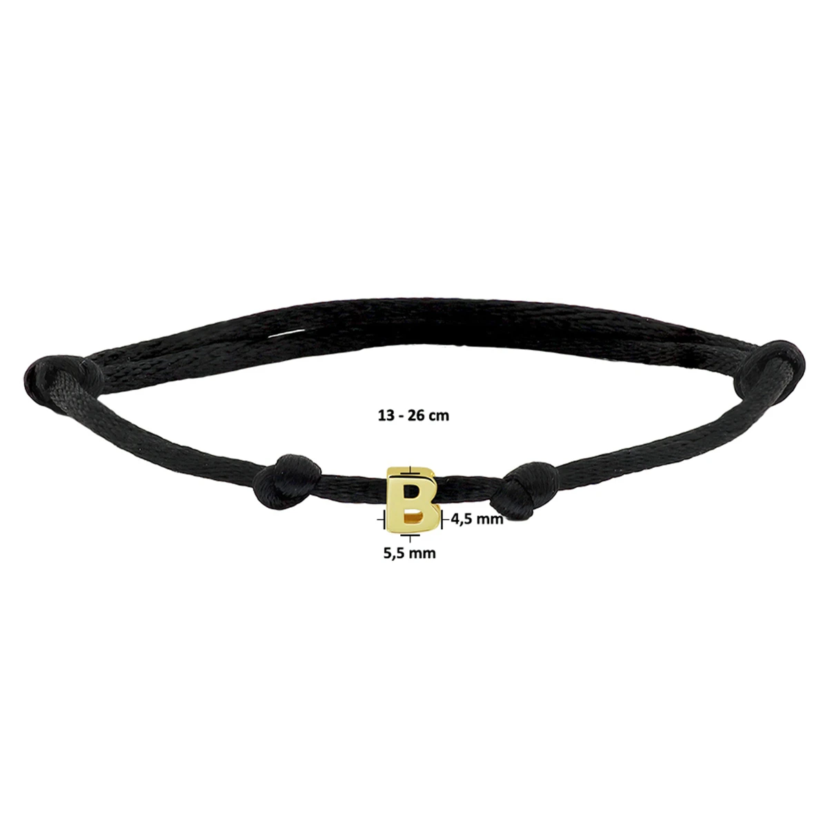armband satijn zwart letter 13 - 26 cm 14K goud met rubber/nylon/leer