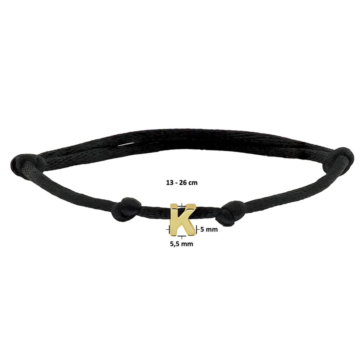 armband satijn zwart letter 13 - 26 cm 14K goud met rubber/nylon/leer