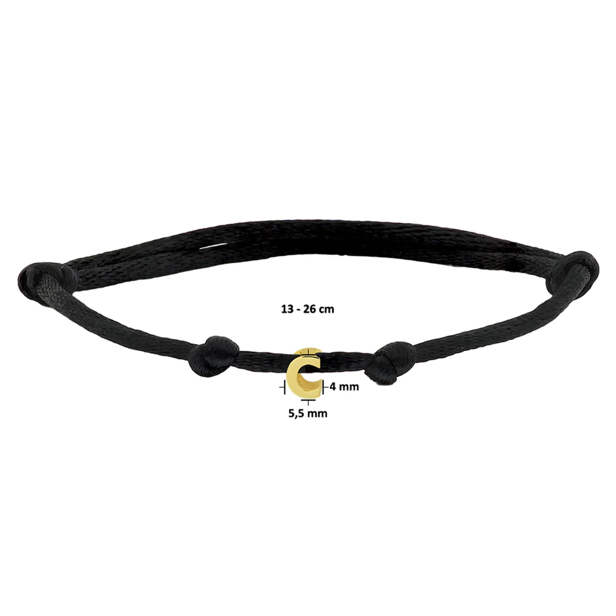 armband satijn zwart letter 13 - 26 cm 14K goud met rubber/nylon/leer