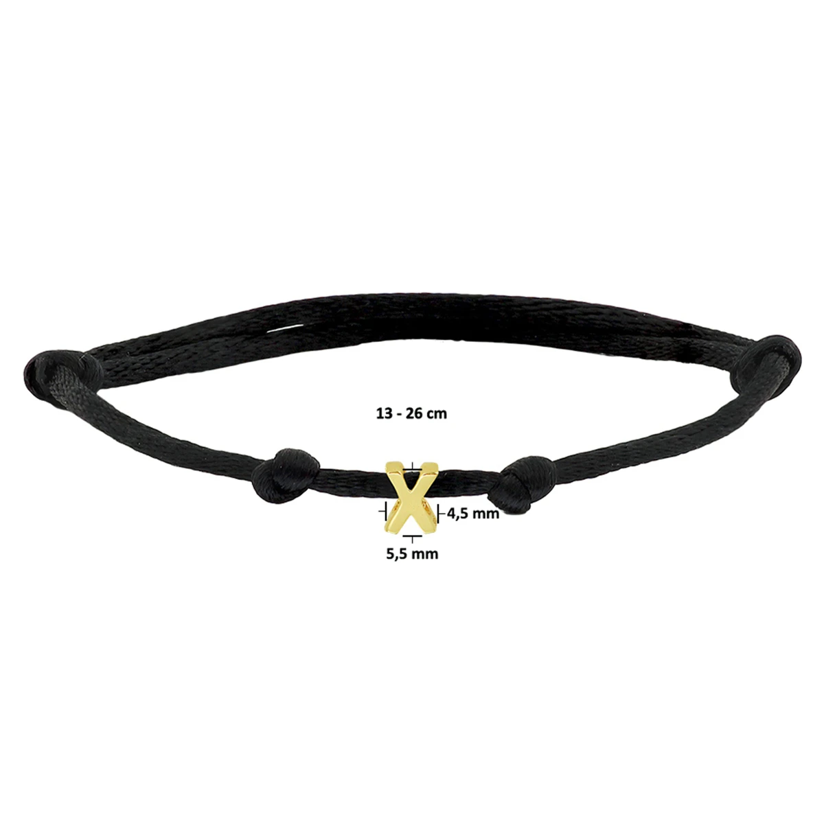 armband satijn zwart letter 13 - 26 cm 14K goud met rubber/nylon/leer