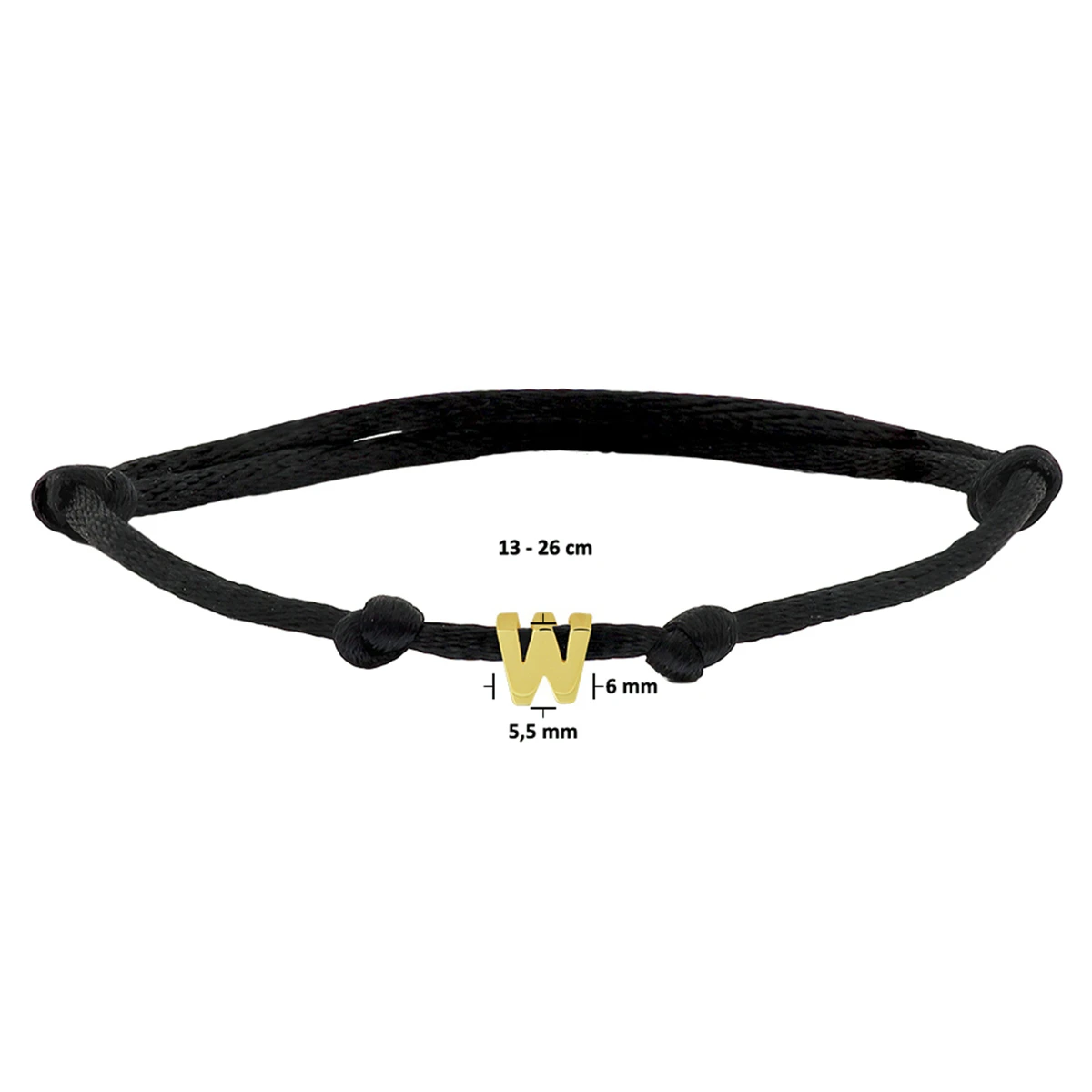 armband satijn zwart letter 13 - 26 cm 14K goud met rubber/nylon/leer