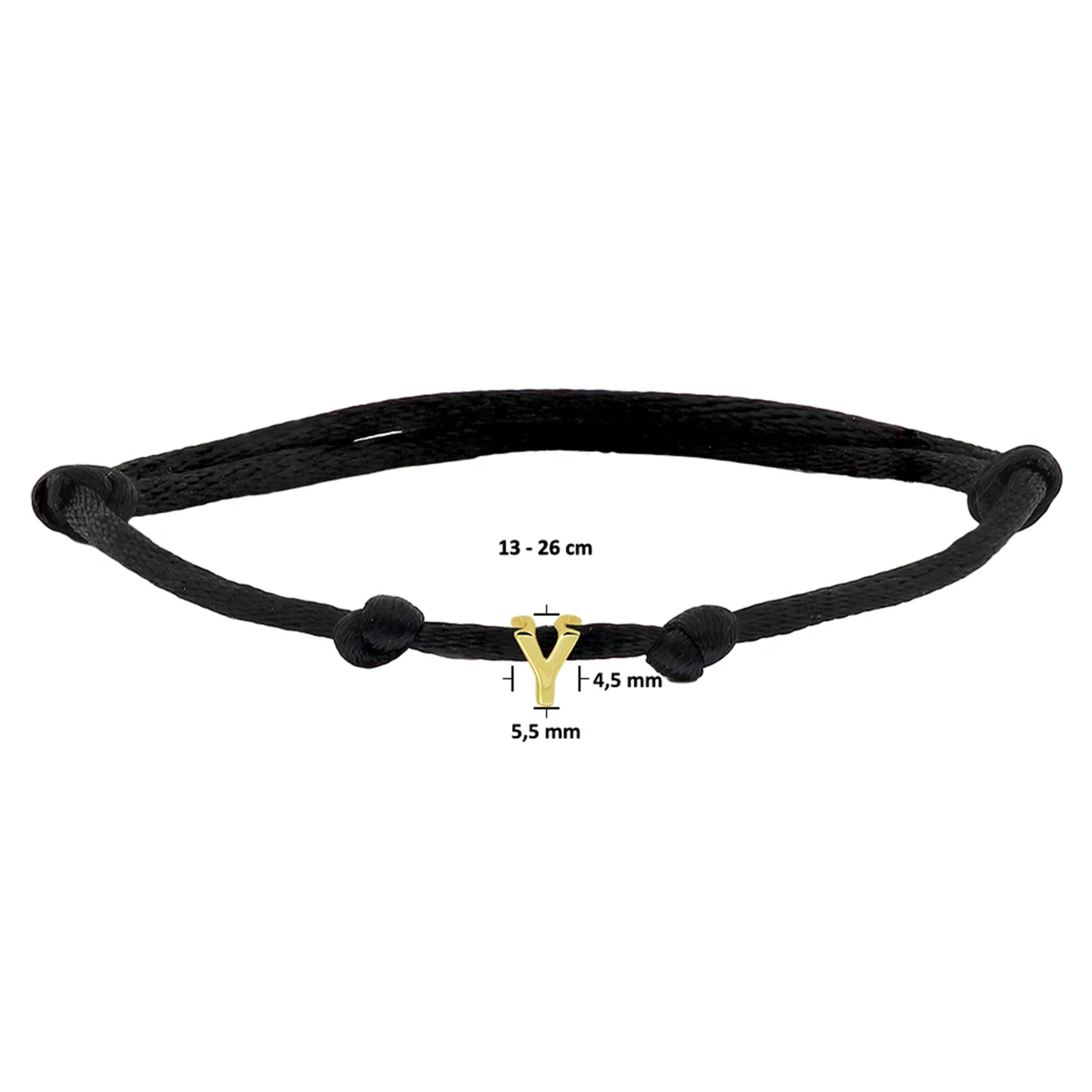 armband satijn zwart letter 13 - 26 cm 14K goud met rubber/nylon/leer