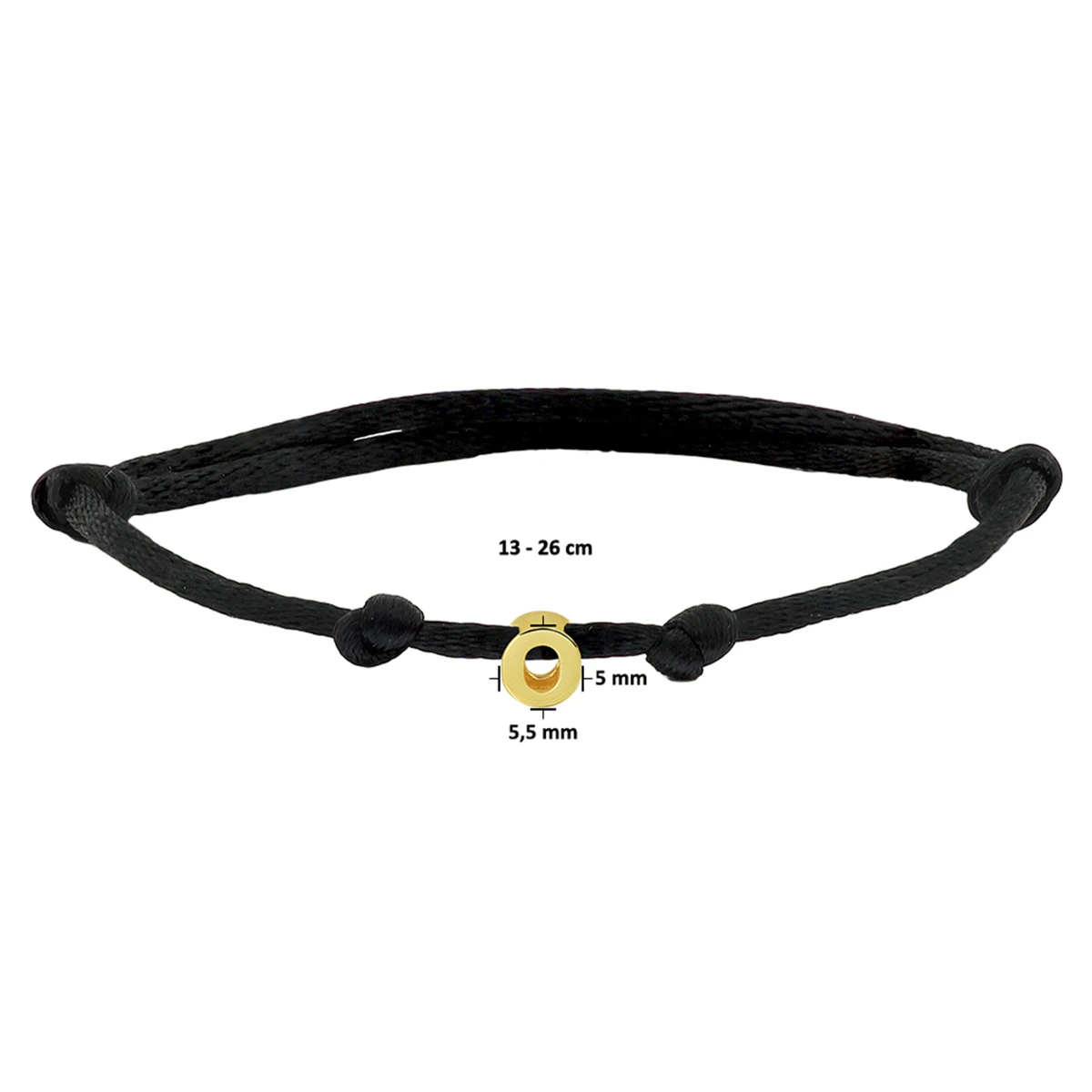 armband satijn zwart letter 13 - 26 cm 14K goud met rubber/nylon/leer