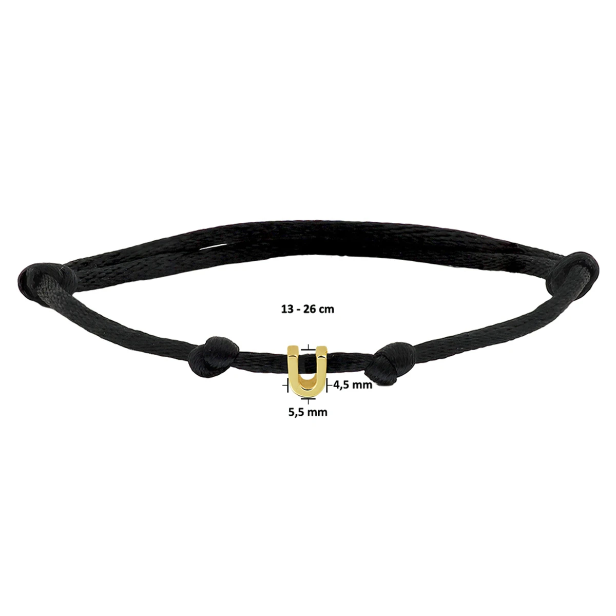 armband satijn zwart letter 13 - 26 cm 14K goud met rubber/nylon/leer