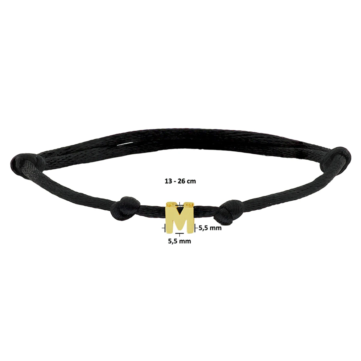 armband satijn zwart letter 13 - 26 cm 14K goud met rubber/nylon/leer