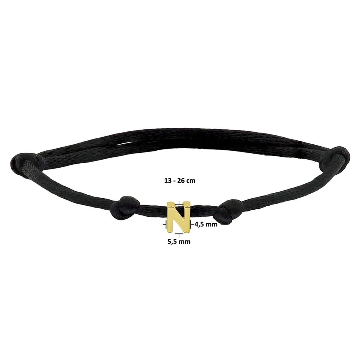 armband satijn zwart letter 13 - 26 cm 14K goud met rubber/nylon/leer