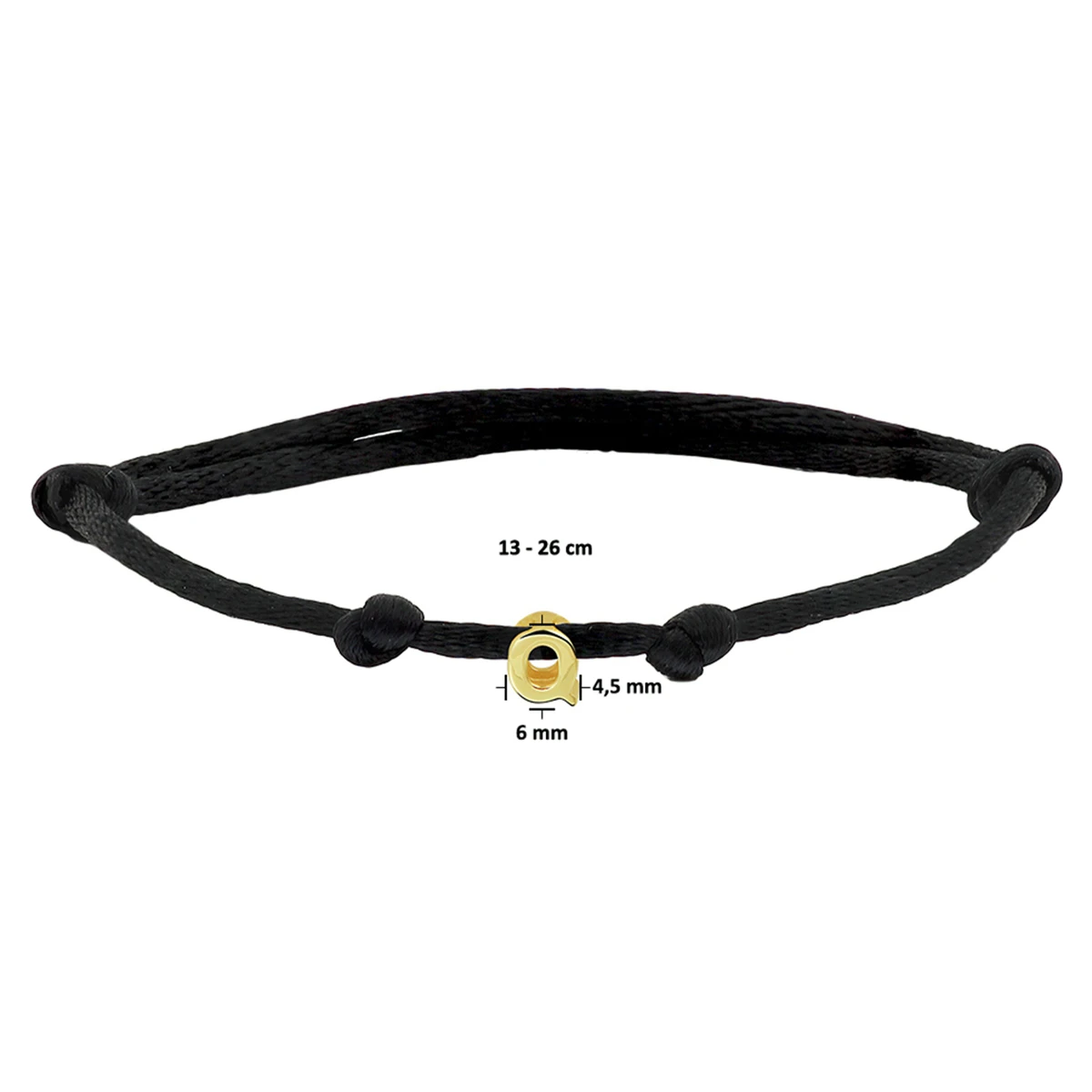 armband satijn zwart letter 13 - 26 cm 14K goud met rubber/nylon/leer