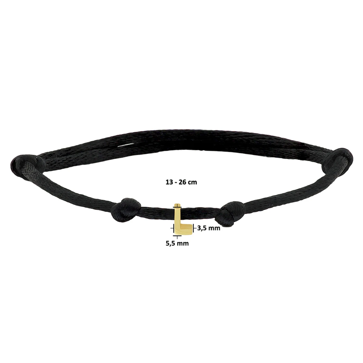 armband satijn zwart letter 13 - 26 cm 14K goud met rubber/nylon/leer