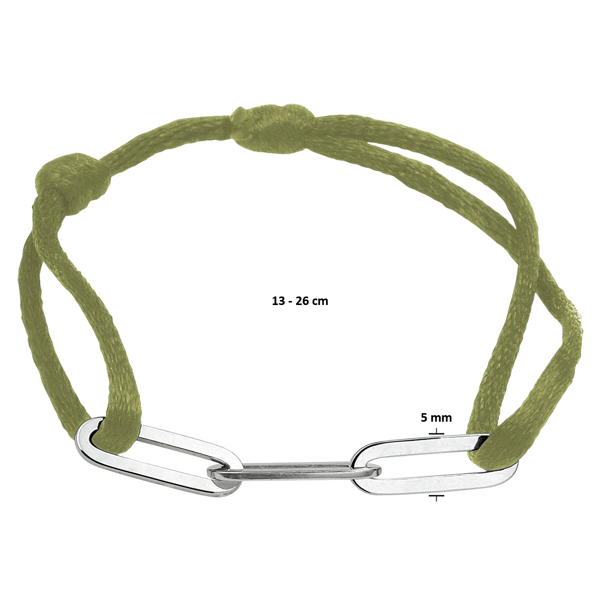 armband satijn mosgroen 13 - 26 cm zilver gerhodineerd met rubber/nylon/leer
