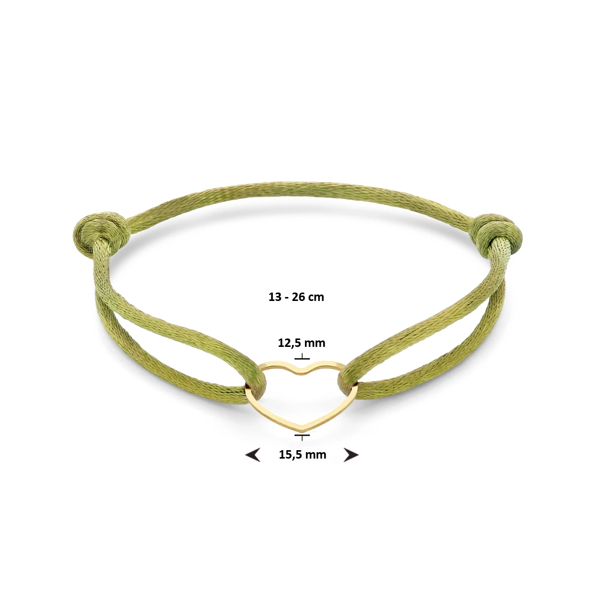 armband satijn mosgroen hart 13 - 26 cm zilver verguld (met rubber/nylon/leer)
