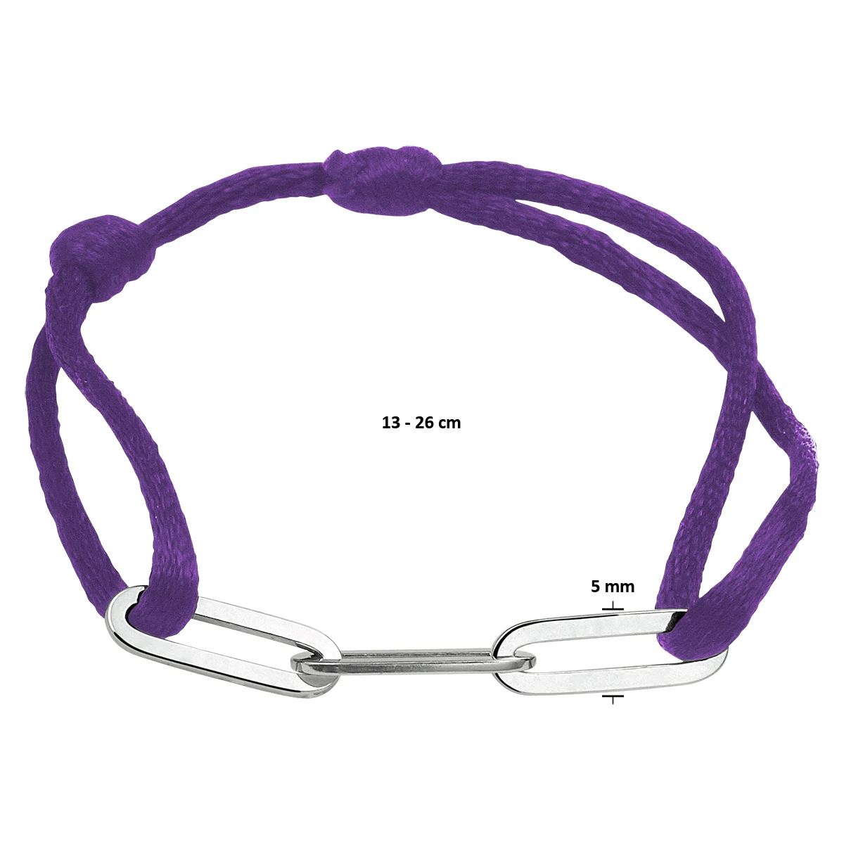 armband satijn paars 13 - 26 cm zilver gerhodineerd met rubber/nylon/leer