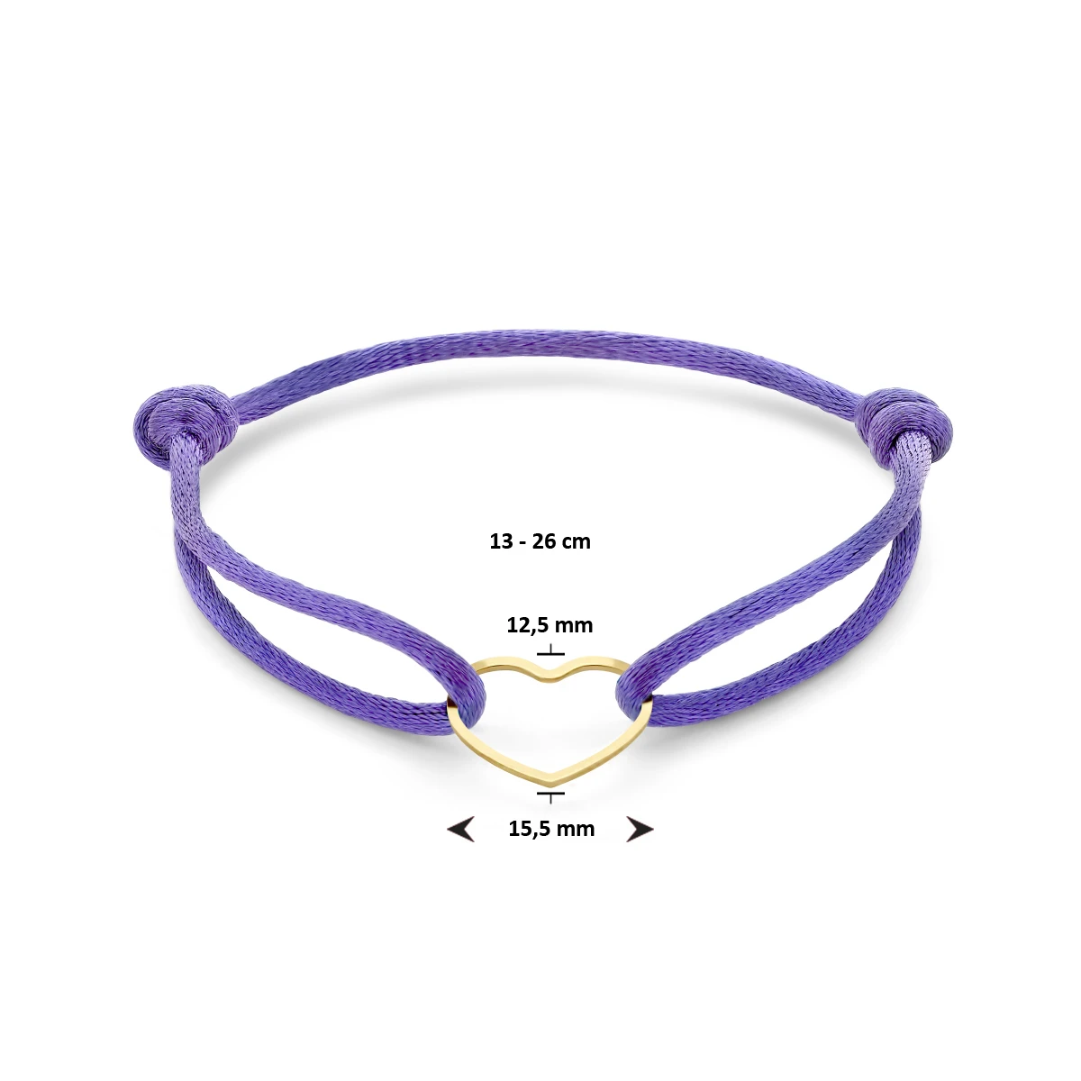 armband satijn paars hart 13 - 26 cm zilver verguld (met rubber/nylon/leer)