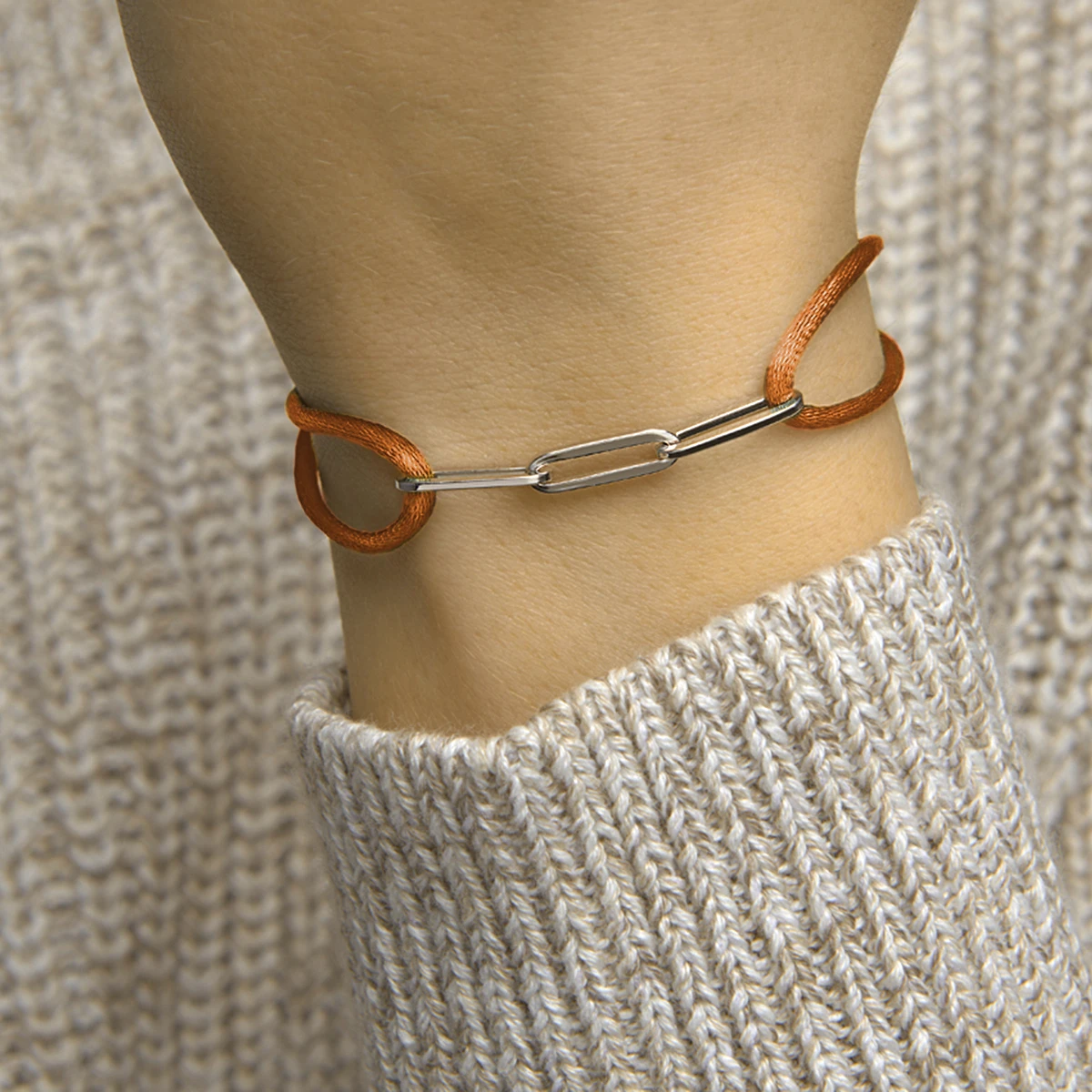 armband satijn roest bruin 13 - 26 cm zilver gerhodineerd met rubber/nylon/leer