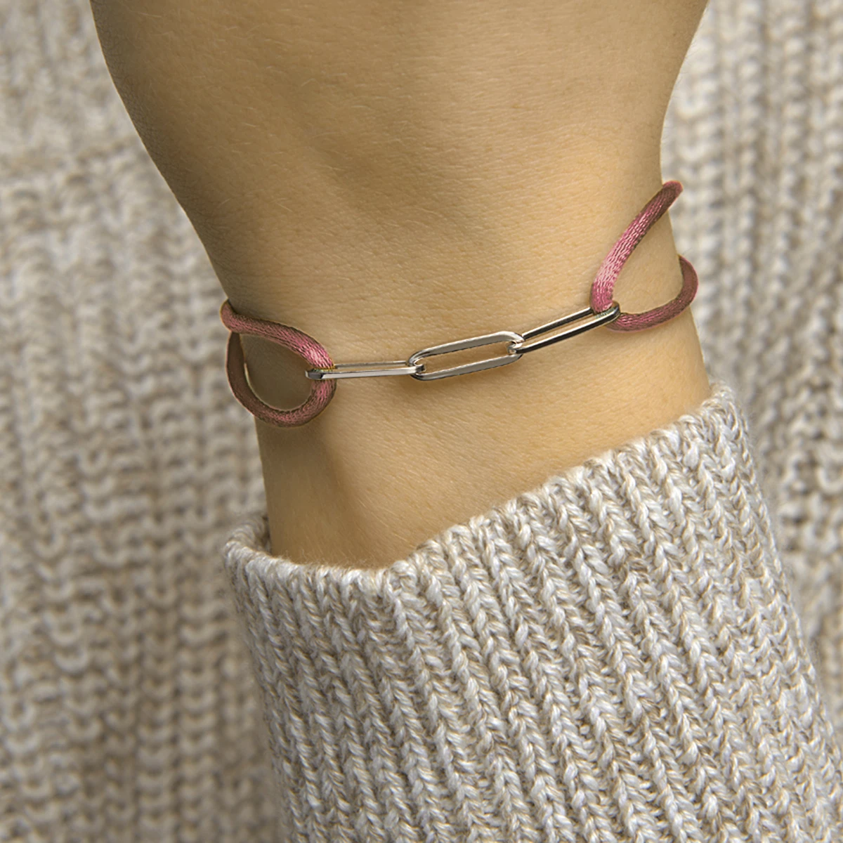 armband satijn roze 13 - 26 cm zilver gerhodineerd met rubber/nylon/leer