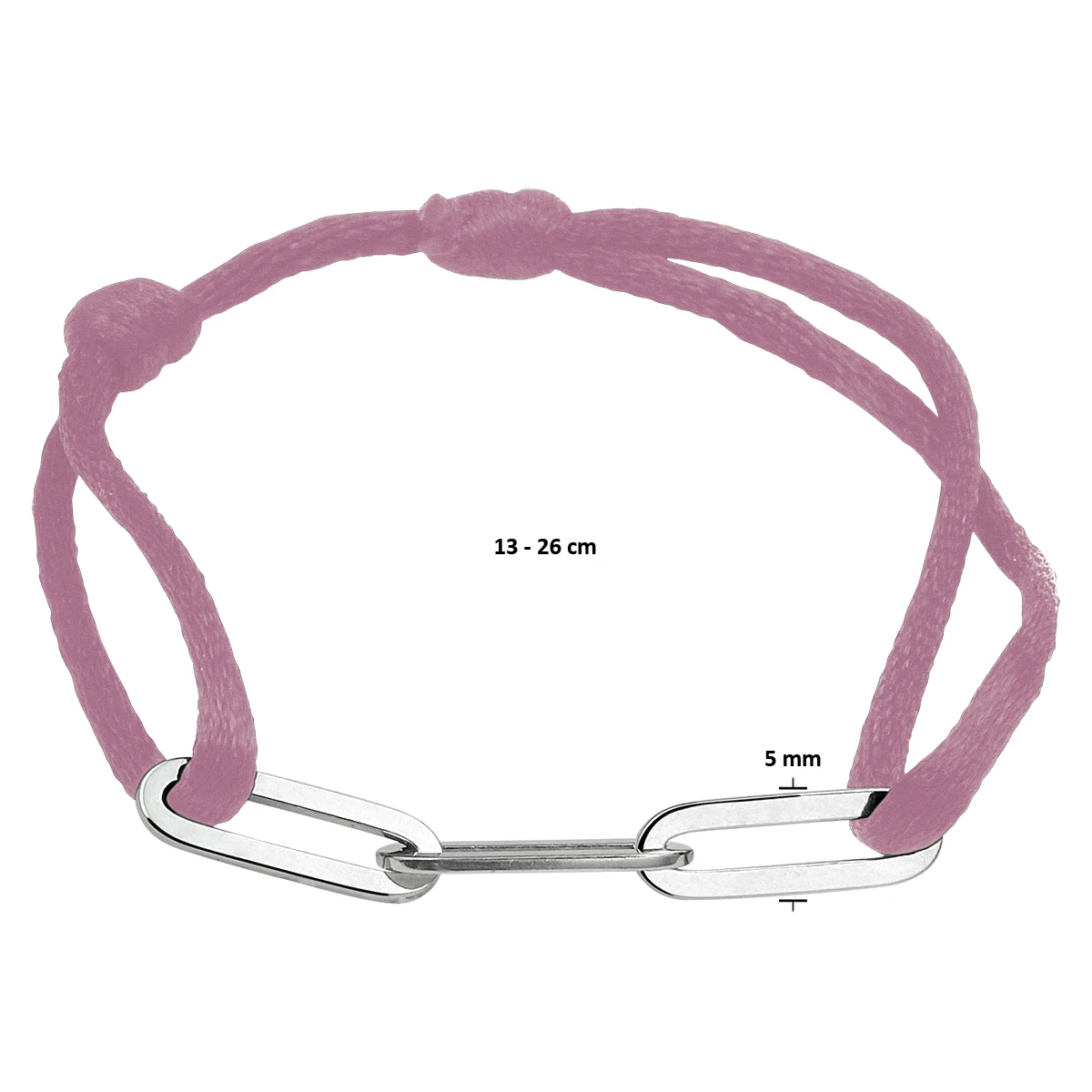 armband satijn roze 13 - 26 cm zilver gerhodineerd met rubber/nylon/leer
