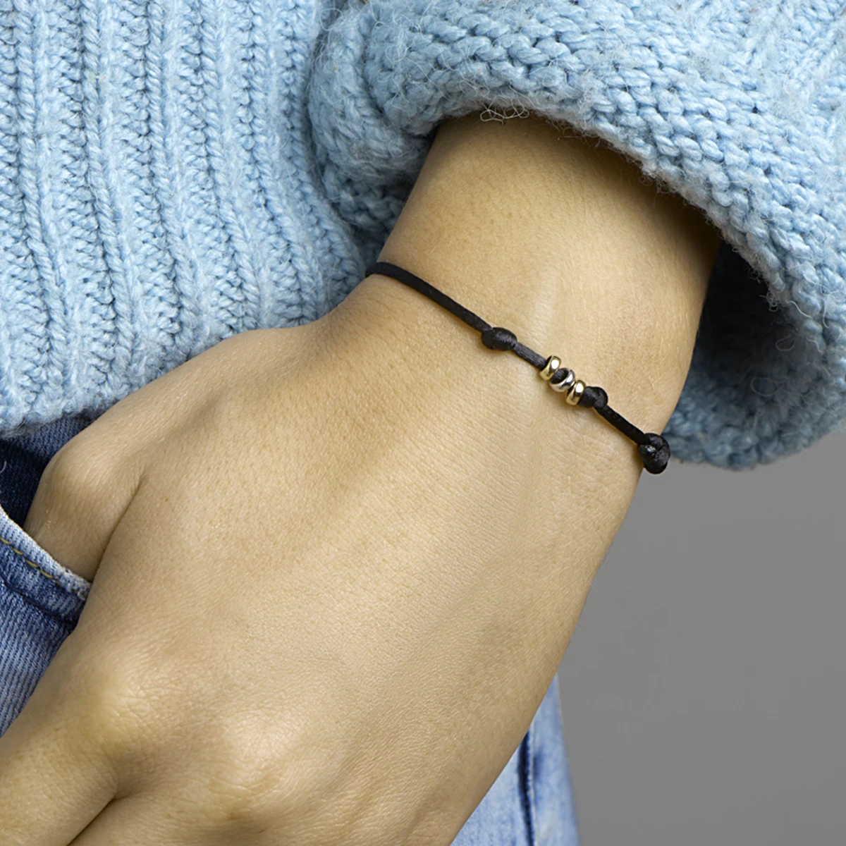 armband satijn tricolor 14K goud met rubber/nylon/leer
