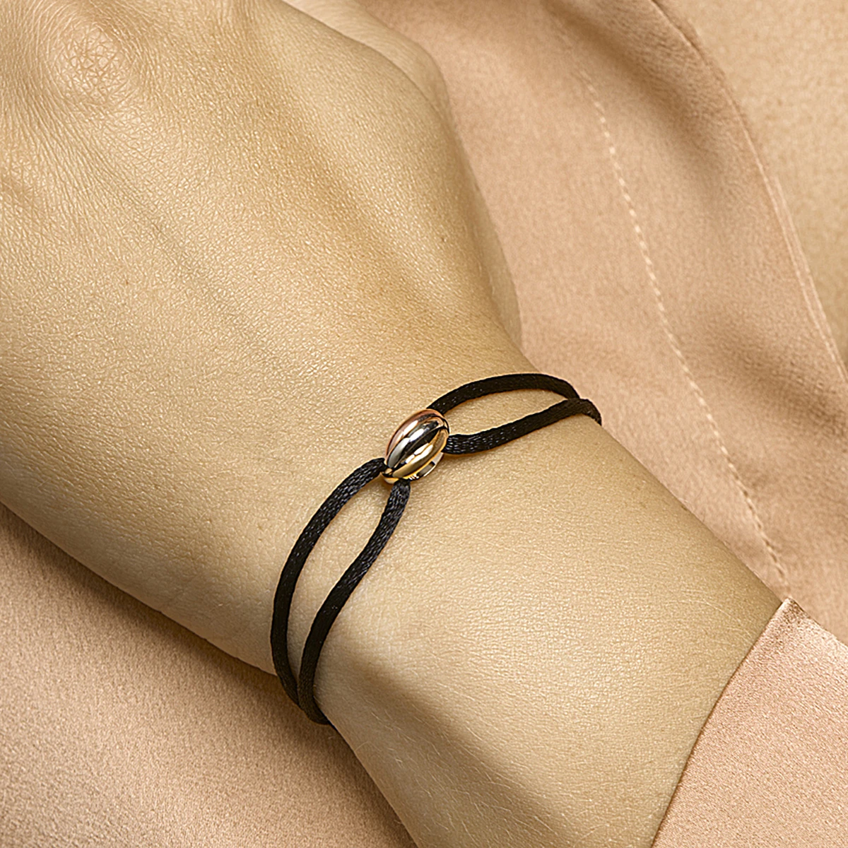 armband satijn zwart tricolor 13 - 26 cm 14K goud met rubber/nylon/leer