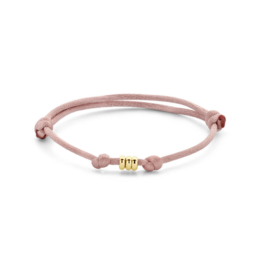 armband satijn zacht roze 13 - 26 cm 14K goud met rubber/nylon/leer
