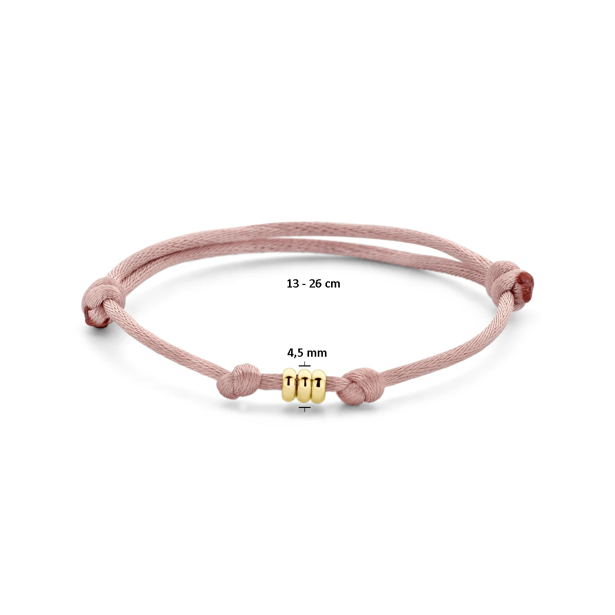armband satijn zacht roze 13 - 26 cm 14K goud met rubber/nylon/leer