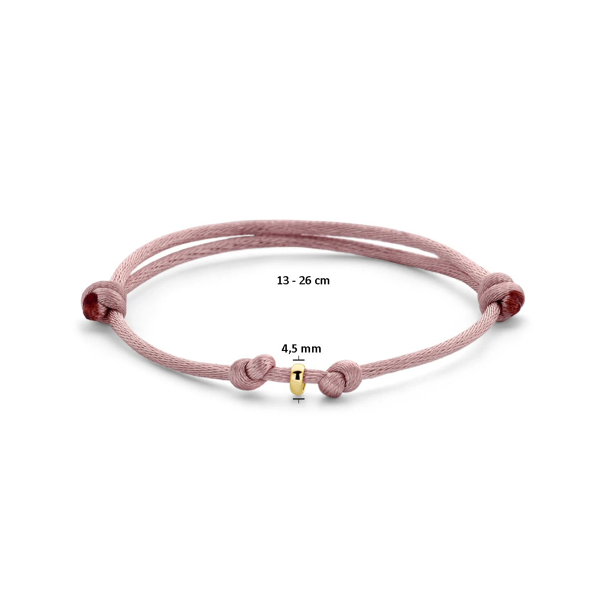 armband satijn zacht roze 13 - 26 cm 14K goud met rubber/nylon/leer