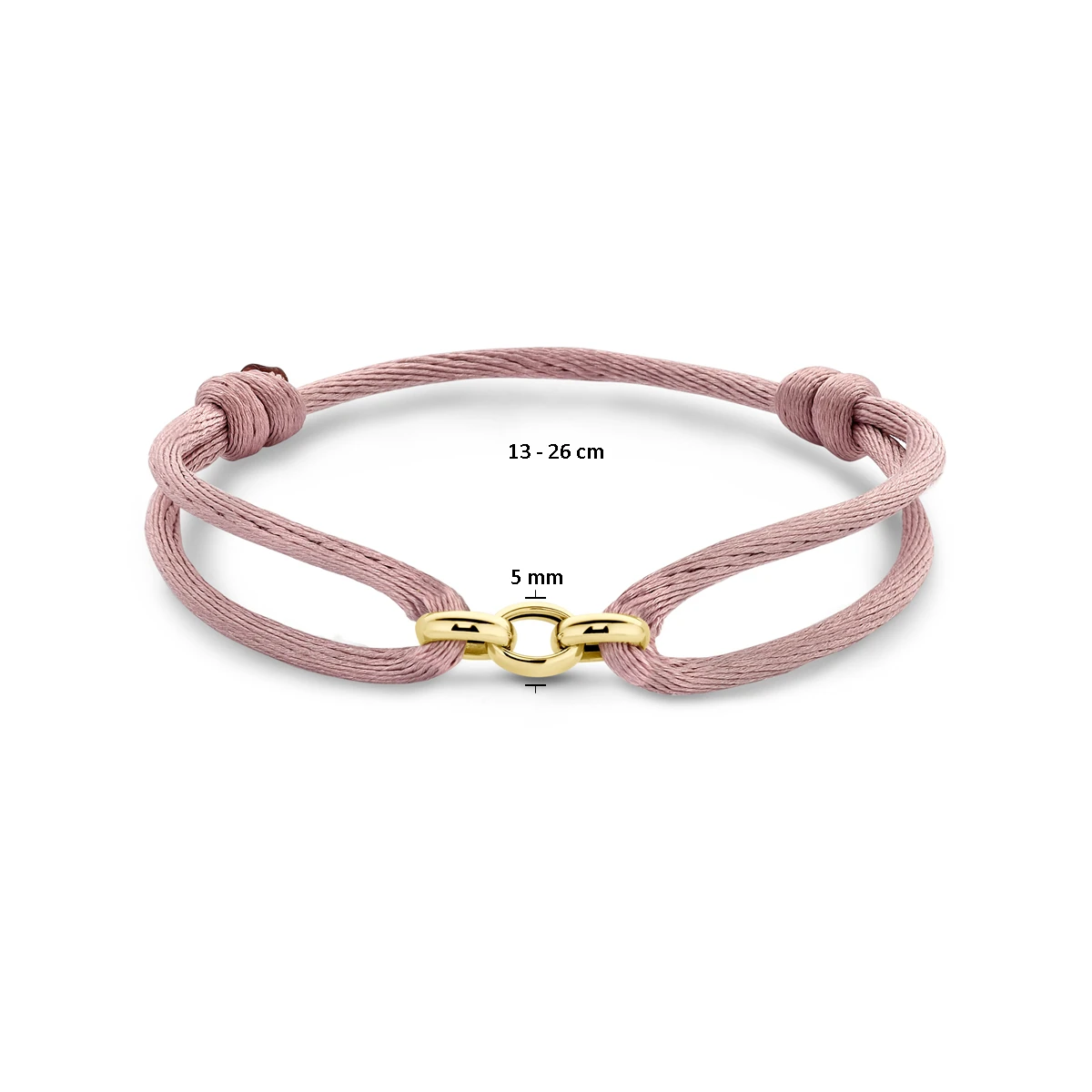 armband satijn zacht roze 13 - 26 cm 14K goud met rubber/nylon/leer