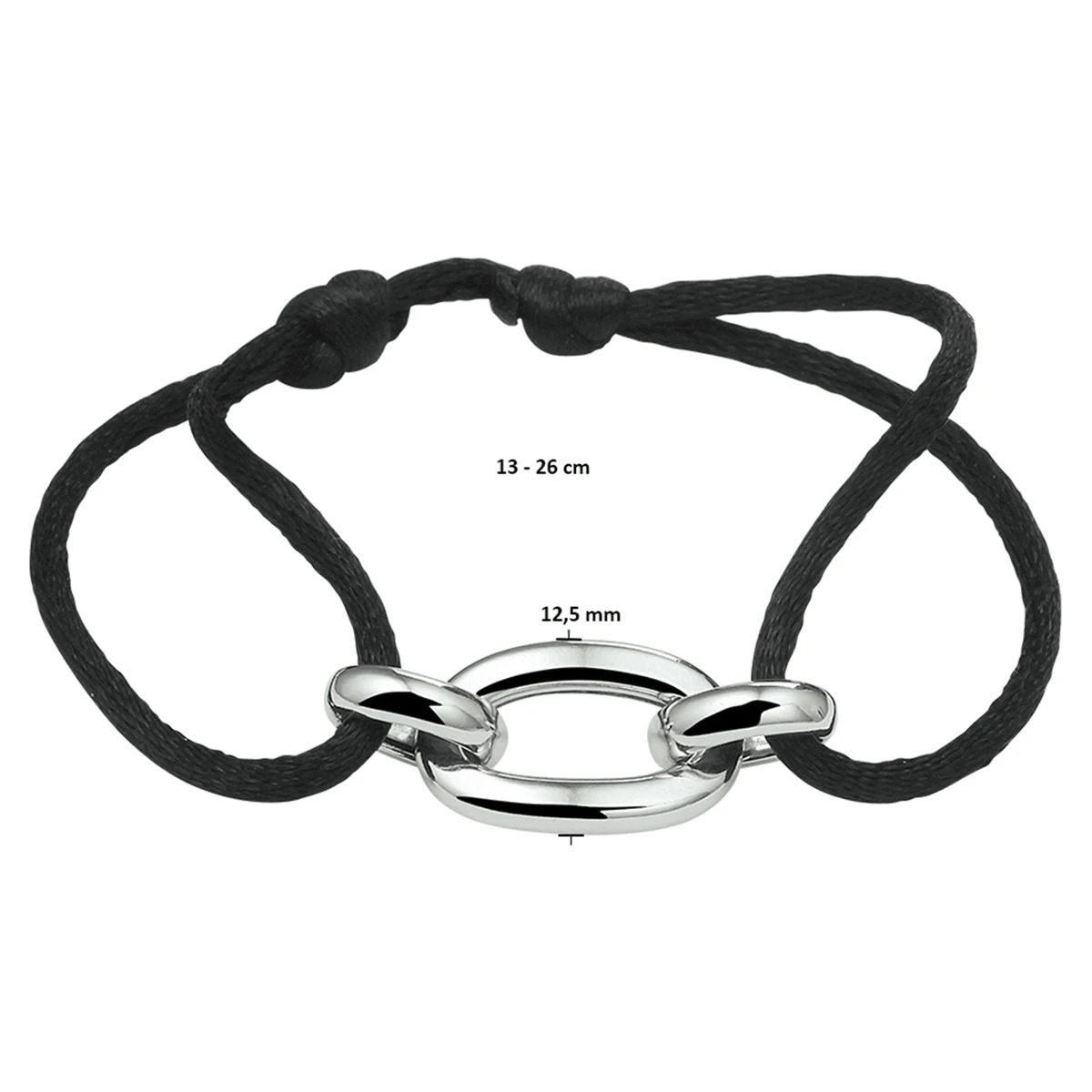 armband satijn zwart 13 - 26 cm zilver gerhodineerd met rubber/nylon/leer